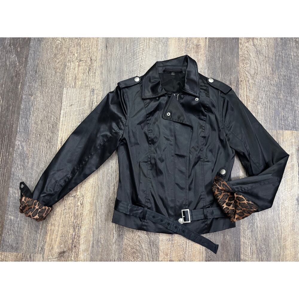 Express Design Studio‎ Black Sateen Moto Jacket Leopard Cuff Belted Biker Size 4